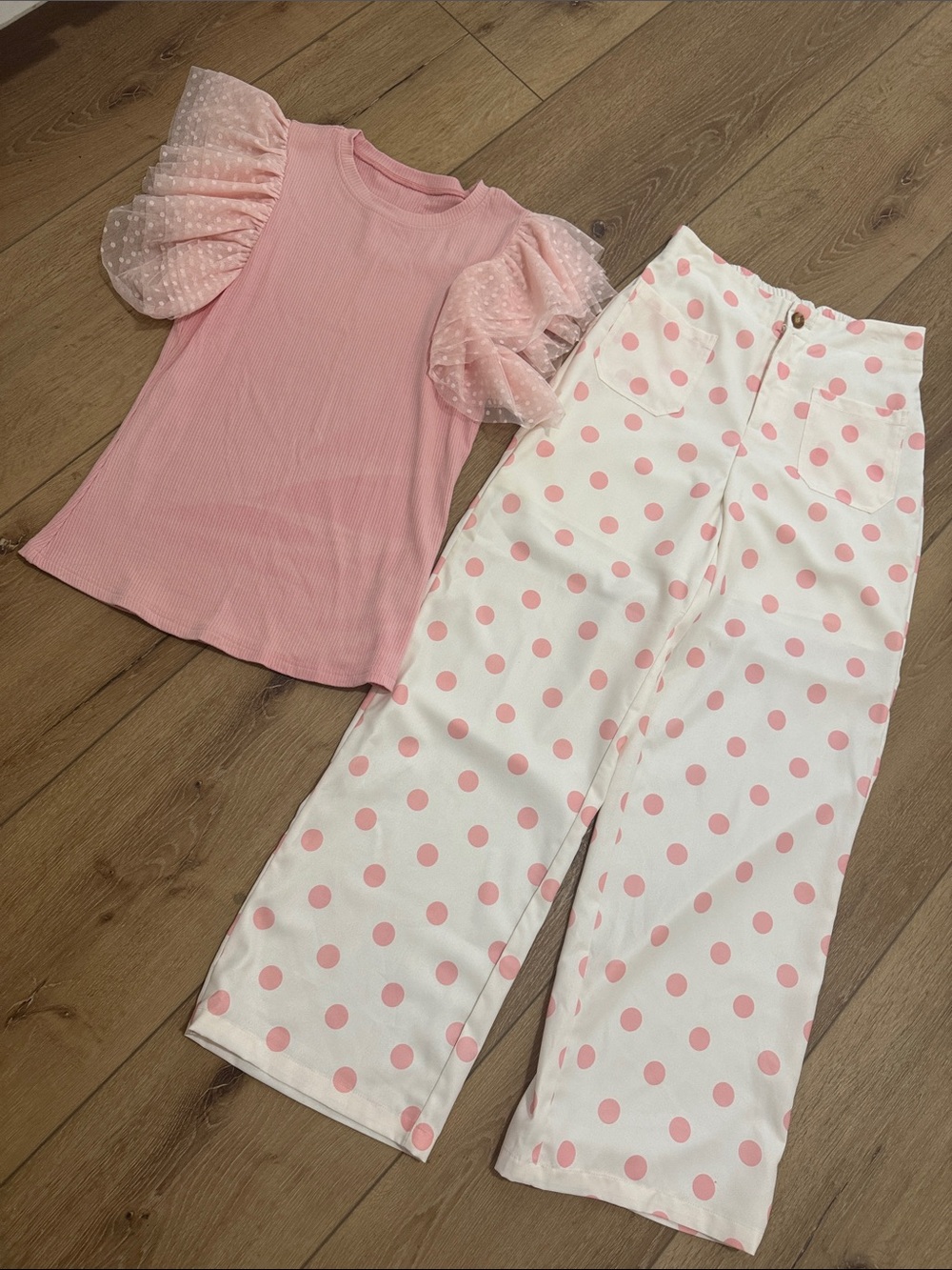 Womans Pink Puff-Sleeve Top and Pink Polka Dot Pants Set